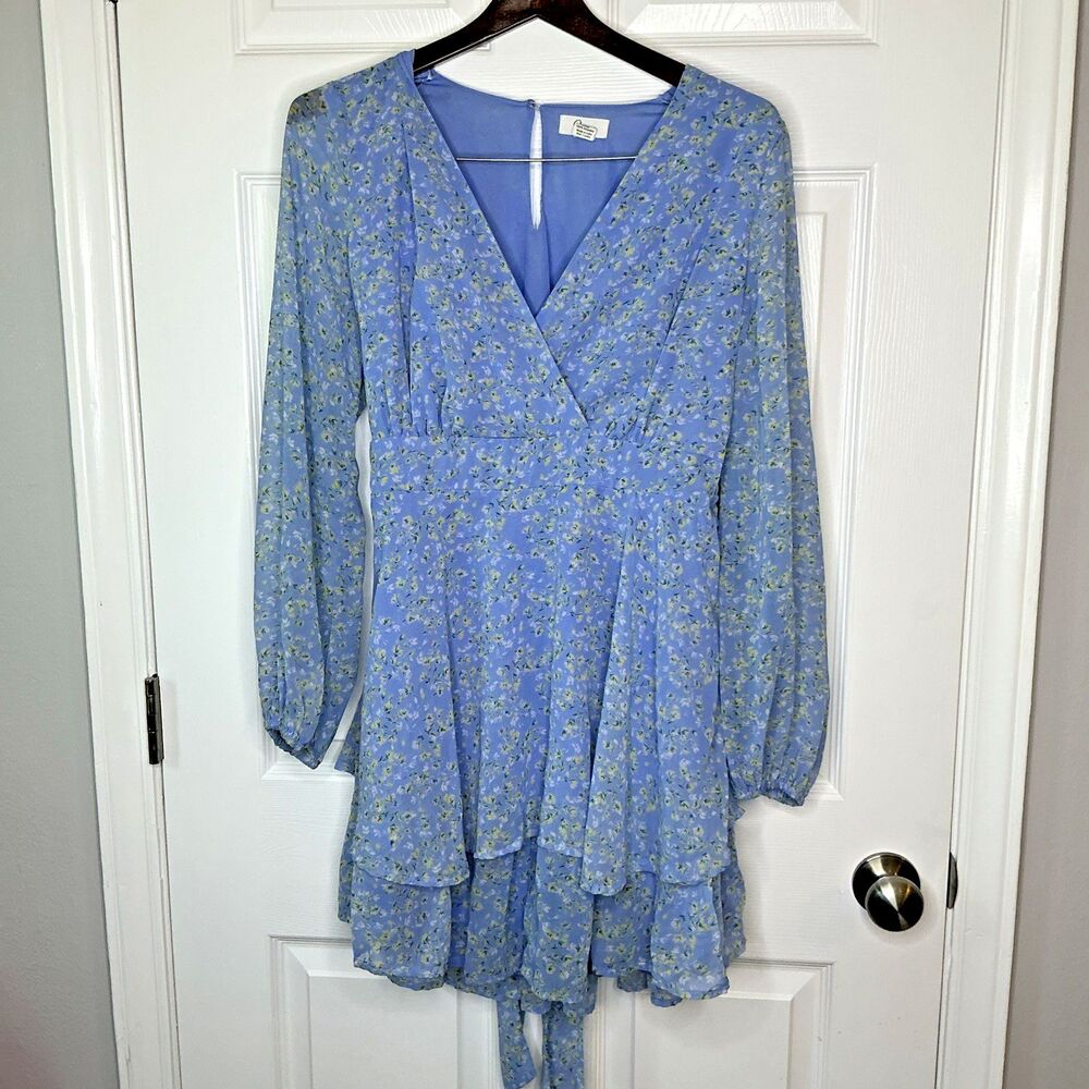 Japna Blue Floral Long Sleeve Tiered Ruffle Mini Dress Large Tie Cottagecore